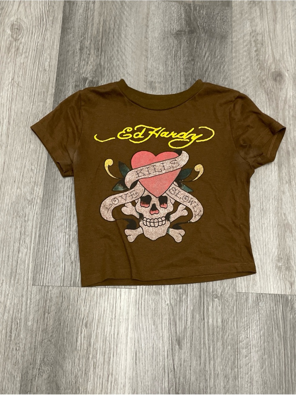 Ed Hardy Brown Cropped Baby Tee Love Kills Slowly Graphic T-Shirt Y2K Women Sz S